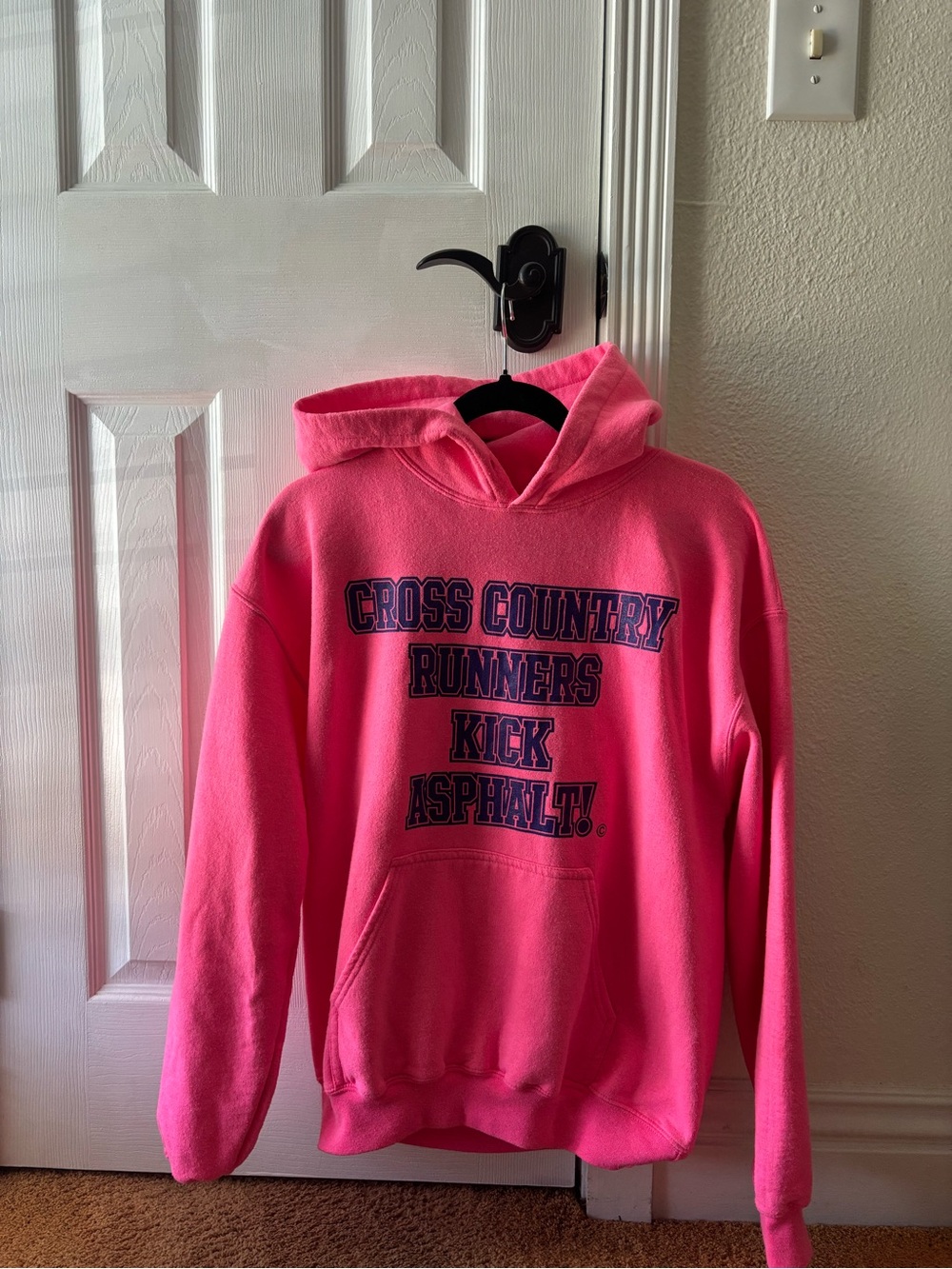 Soft Gildan Hot Pink Pullover Hoodie with Navy Graphic "XC Runners Kick Asphalt"